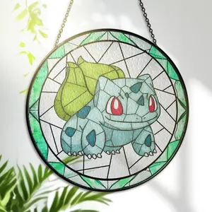 Bulbasaur Stained Glass Suncatcher – Bulbasaur Glass Art – Printed Glass Window Hanging – Leafy Green Suncatcher Decor – Anime Lover Gift