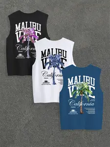 Men's Classic Tropical Coconut Tree Letter Print Round Neck Sleeveless T-Shirt Set, Casual Comfortable Summer Outdoor Fitness Wear, Casual Street Fashion, 3 Piece