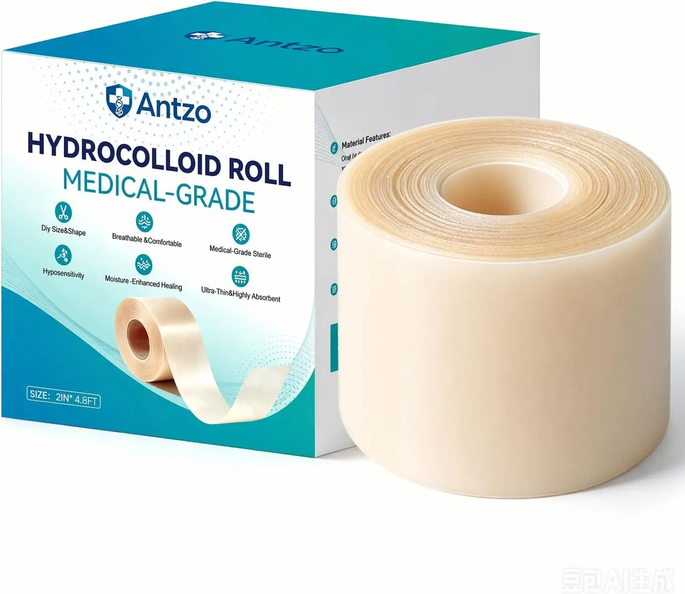 Hydrocolloid Roll,Large Hydrocolloid Bandages Roll for Wound Care,Cut-to-Size Patch Bandages,Hydrocolloid Tape with Self-Adhesive,Ultra Absorbent, Waterproof, Skin-Safe (2in 4.8ft)
