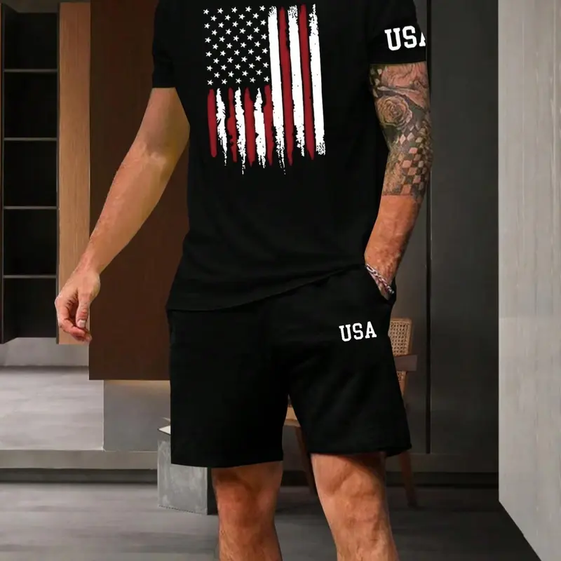 Two-piece Set Men's Flag Graphic Fitted Sleep Tee & Letter Print Elastic Drawstring Pocket Shorts, Comfy Men's Sleepwear & Loungewear Set Pjs for All Seasons
