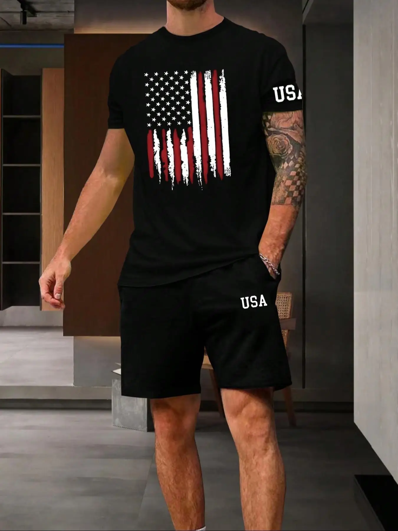 Two-piece Set Men's Flag Graphic Sleep Tee & Letter Print Drawstring Pocket Shorts Pyjama Set, Comfy Men's Sleepwear Set for All Seasons