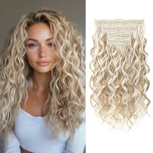 Curly Hair Extensions 4PCS 16 inch Clip in Lace Weft Short Ash Blonde with Highlights Natural Hairpieces for Women Soft Tangle-Free Fiber Secure Fit