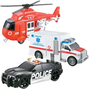 Vokodo 3 Pack City Guardians Vehicle Bundle Toy Playsets, Friction Power Vehicles Includes Fire Rescue Helicopter, Police Cruiser Car, Ambulance Truck Pretend Play Toys Toddler Kids Boys Ages 3 4 5 6
