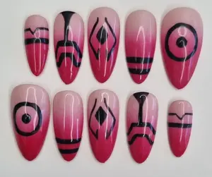 Press on nails anime abstrait rouge rose dégradé Sukuna : Jujutsu Kaisen bordeaux Forme image amande Medium jjk free ship, fast ship