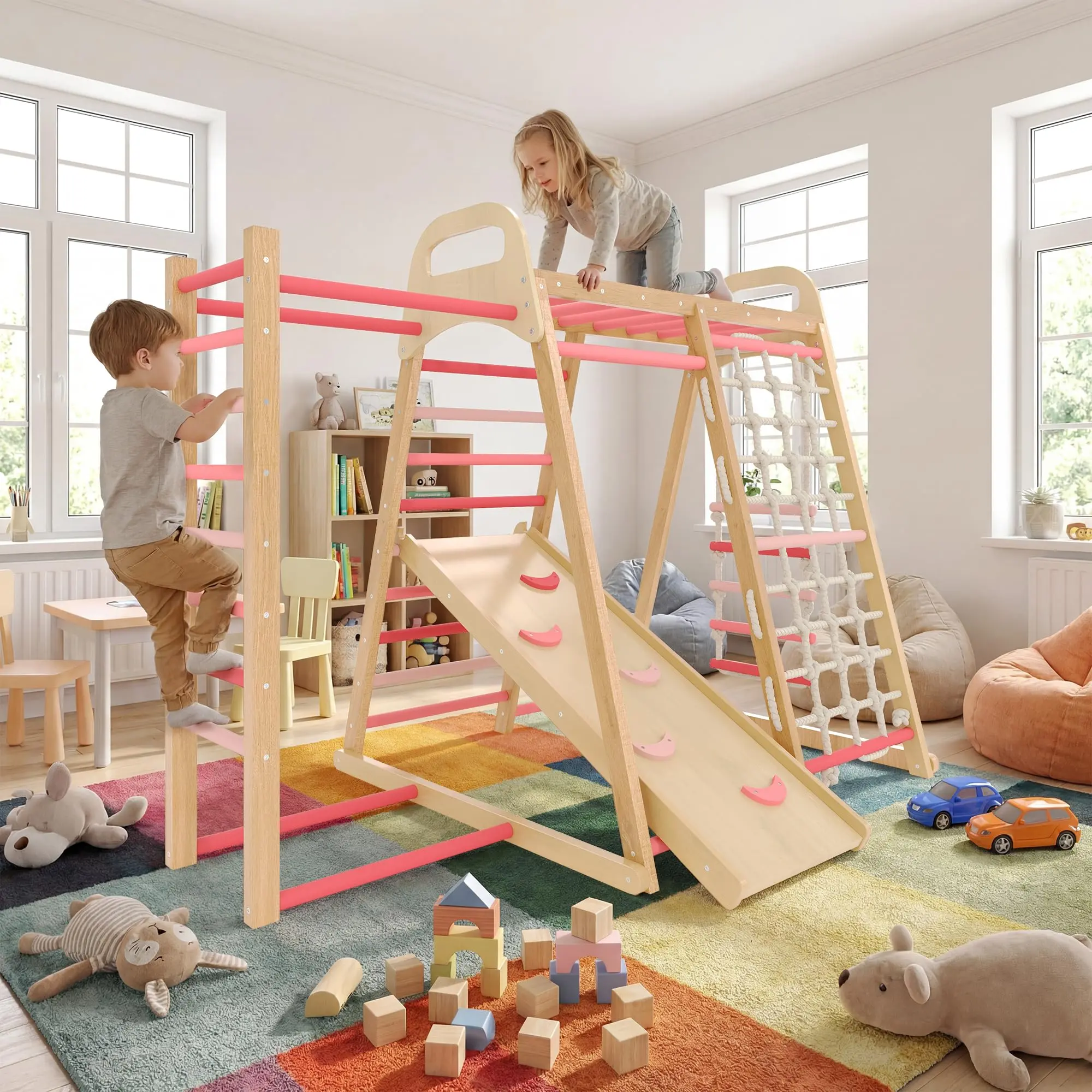 7-in-1 Wooden Indoor Jungle Gym for Toddlers, Multi-Activity Climbing Playset with Slide, Swing, Sensory Integration, Indoor Playground Frame