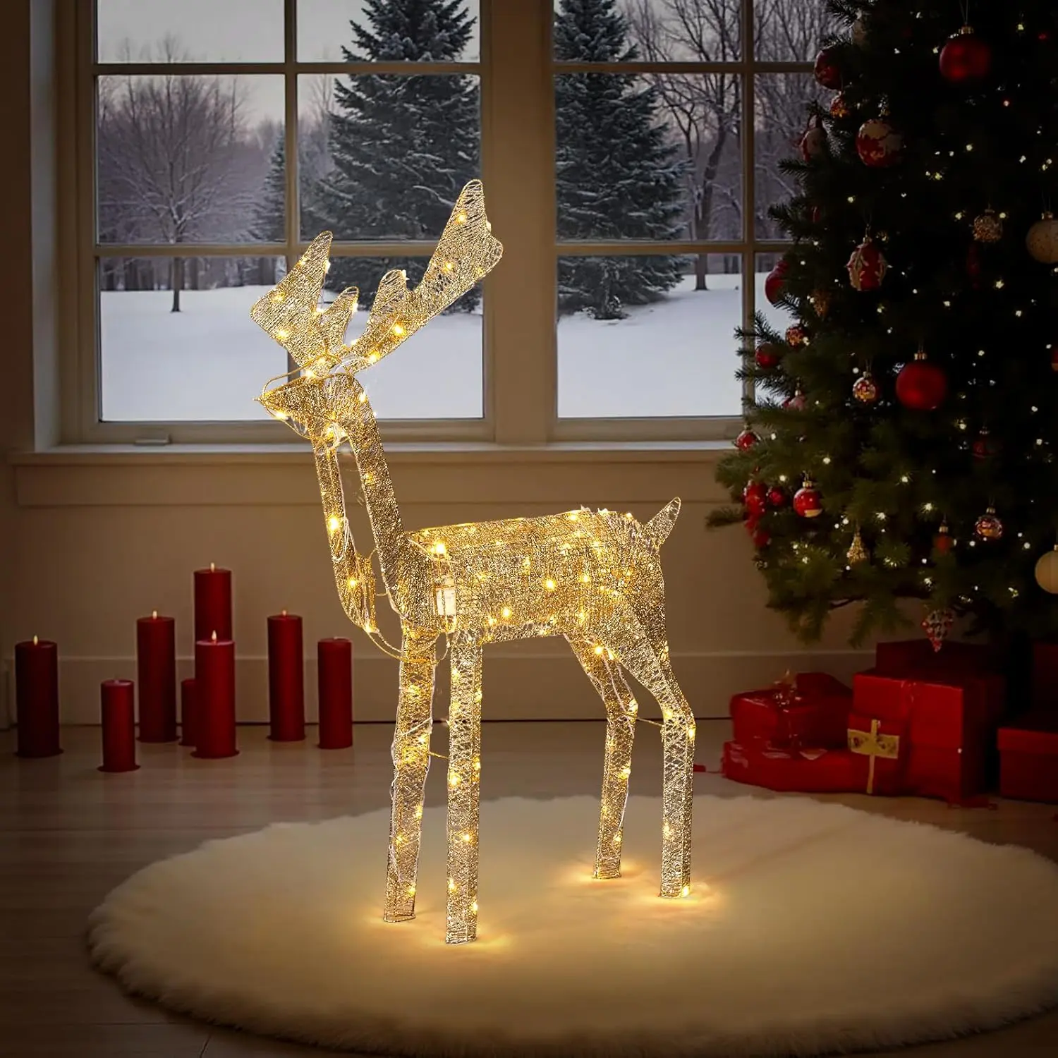 3.6FT Lighted Reindeer Christmas Decor with Motor LED Lights Indoor Outdoor Porch Lawn Yard Sleigh Family Decor for Lawn, Garden, Porch, and Patio, Stakes, Zip Ties - Gold
