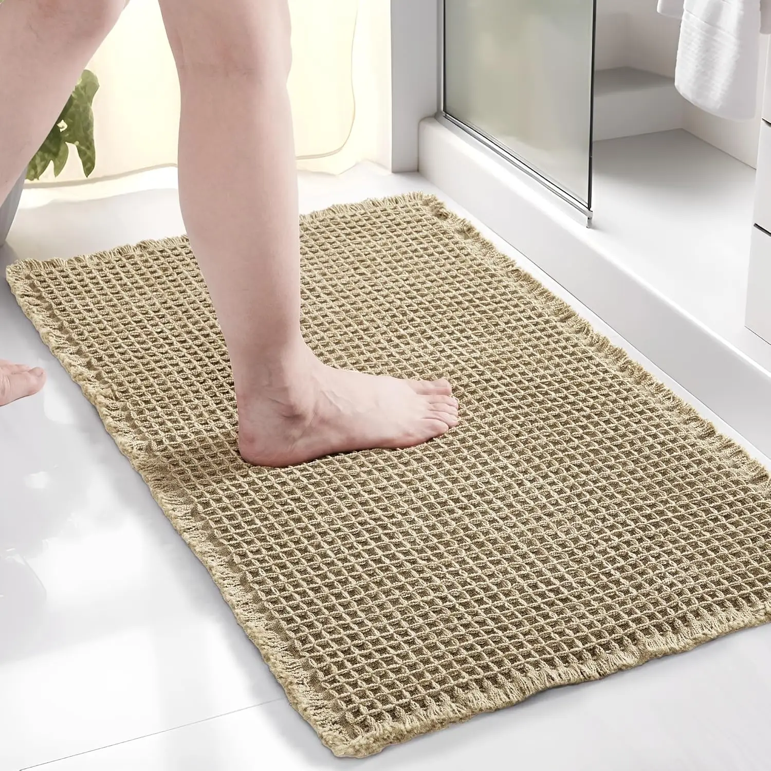 Deconovo Upgraded Boho Waffle Bath Mat - Super Absorbent, Non-Slip, Machine Washable Rug for Bathroom, Kitchen, Bedroom, Living Room, Hallway, and Ent