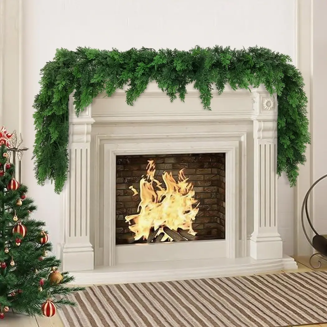 2 Pcs 6 FT Artificial Cypress Garlands, Real Touch Winter Cypress Cypress Garland, Green Artificial Greenery Pine Garland for Table, Mantle, Wall, Indoor, Outdoor Christmas Decorations (2, 6 FT) summerwins