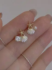 Fashion Shell & Faux Pearl Decorated Earrings, Dainty Fashion Jewelry for Party, Daily Clothing Decor, Trendy All-match & Exquisite Jewelry for Birthday Gift, Studs Earrings, Fashion Chic Accessories