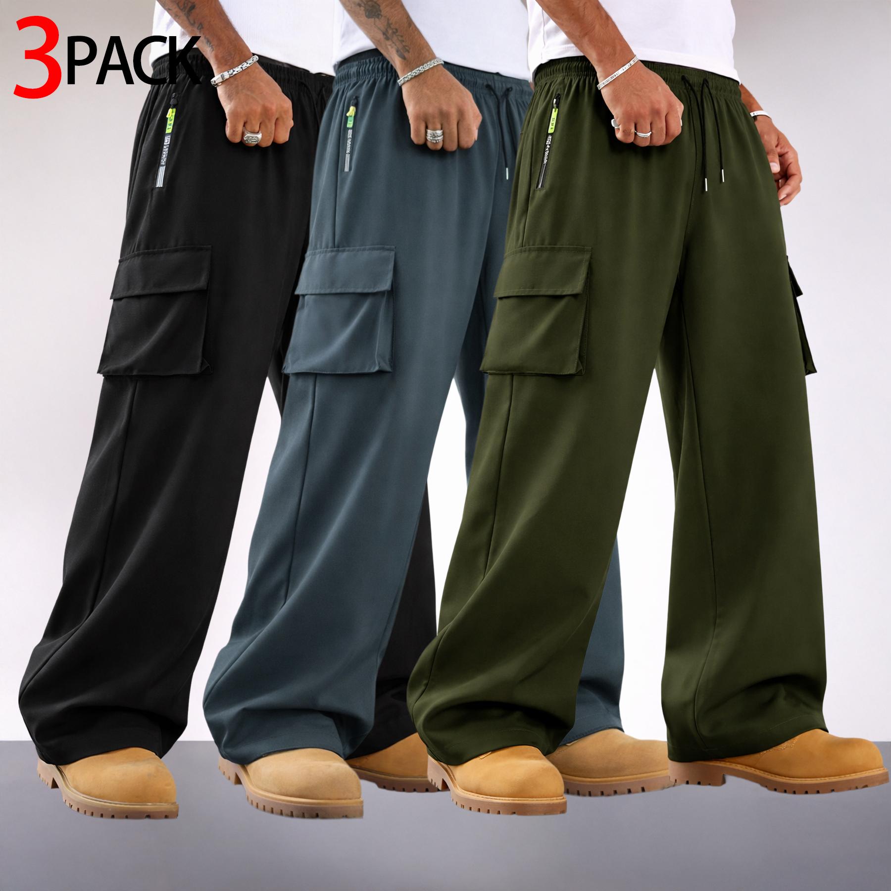 3-Pack Men’s Cargo Pants – Wide Leg, Drawstring, Multiple Pockets; Streetwear Utility Pants with a Loose Straight Fit, Zipper Pocket, and Large Flap Cargo Pockets; suitable for casual commuting, outdoor wear, and relaxed everyday outfits.
