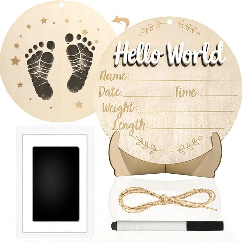 5.9 in Round Wooden Announcement Sign - 3D Nursery Room Decor, Commemorative Hanging Wall Art, Handprint-Footprint Photo Prop Set with Ink Pad, Easy-to-Clean Specialty Plaque for Celebrating Birth