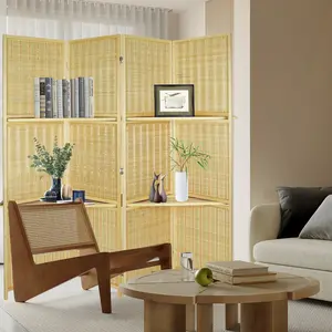 Room Divider – 4 Panel Folding Privacy Screen with Display Shelf, Wooden Partition Wall for Bedroom Living Room, Portable Freestanding Divider with Storage, Handmade Wood Screen for Home Office