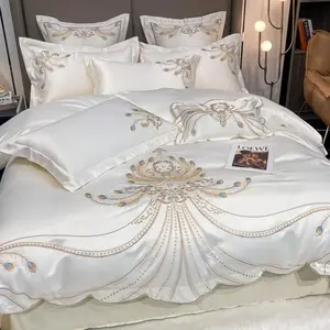 Feather Gold Embroidery Decorative Bedding Set 3pcs, Includes 1 Duvet Cover and 2 Pillowcases, European Luxury Chic Design Duvet cover set Soft Silky Fabric, All Seasons