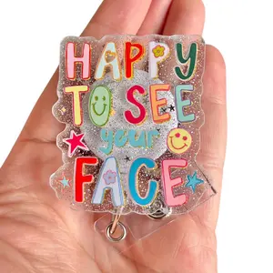 Glitter My Badge Happy to see your face badge reel for nurse and hospital workers. Badge clip Badge pull - Retractable swivel clip with a 360 rotation. Great gift for coworkers. Funny badge reels