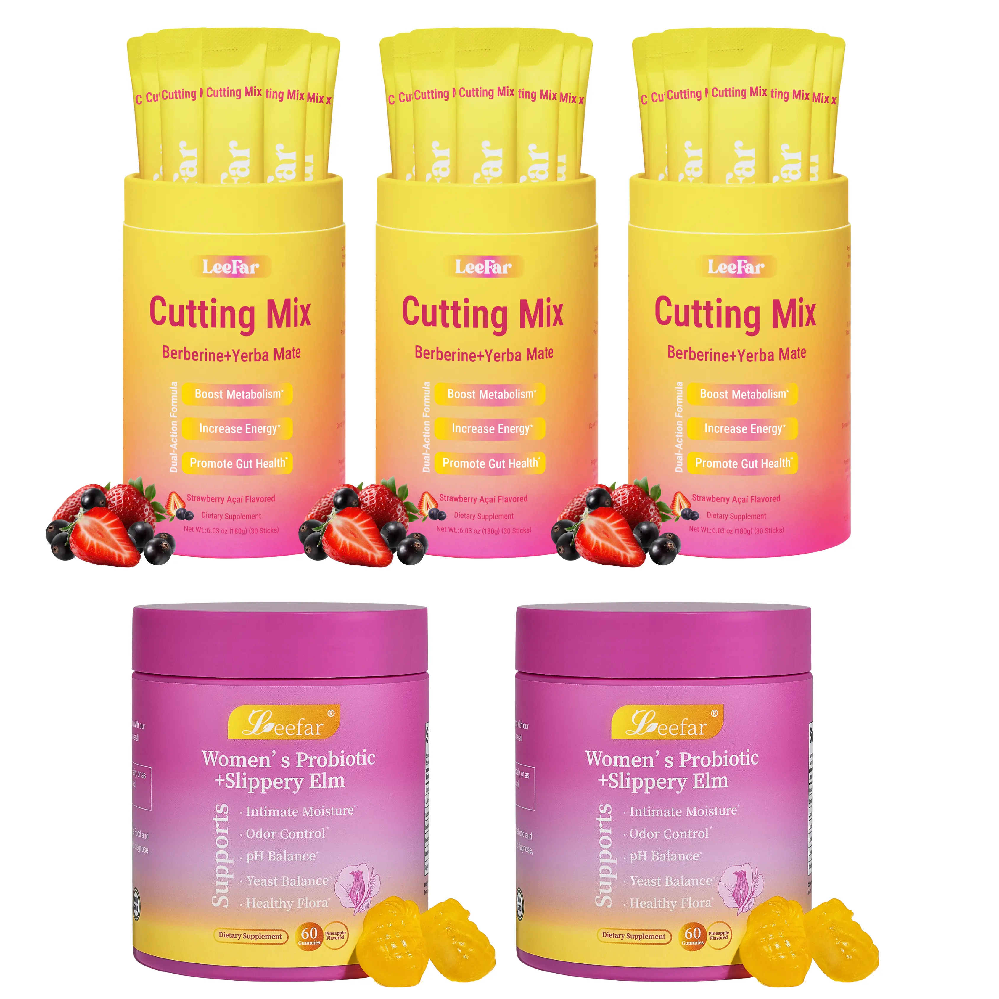 【LEEFAR Signature Bundle】Women's Probiotics+Slippery Elm 60 Pineapple Gummies & Cutting Drink Mix 30 Servings- Feminine pH Balance