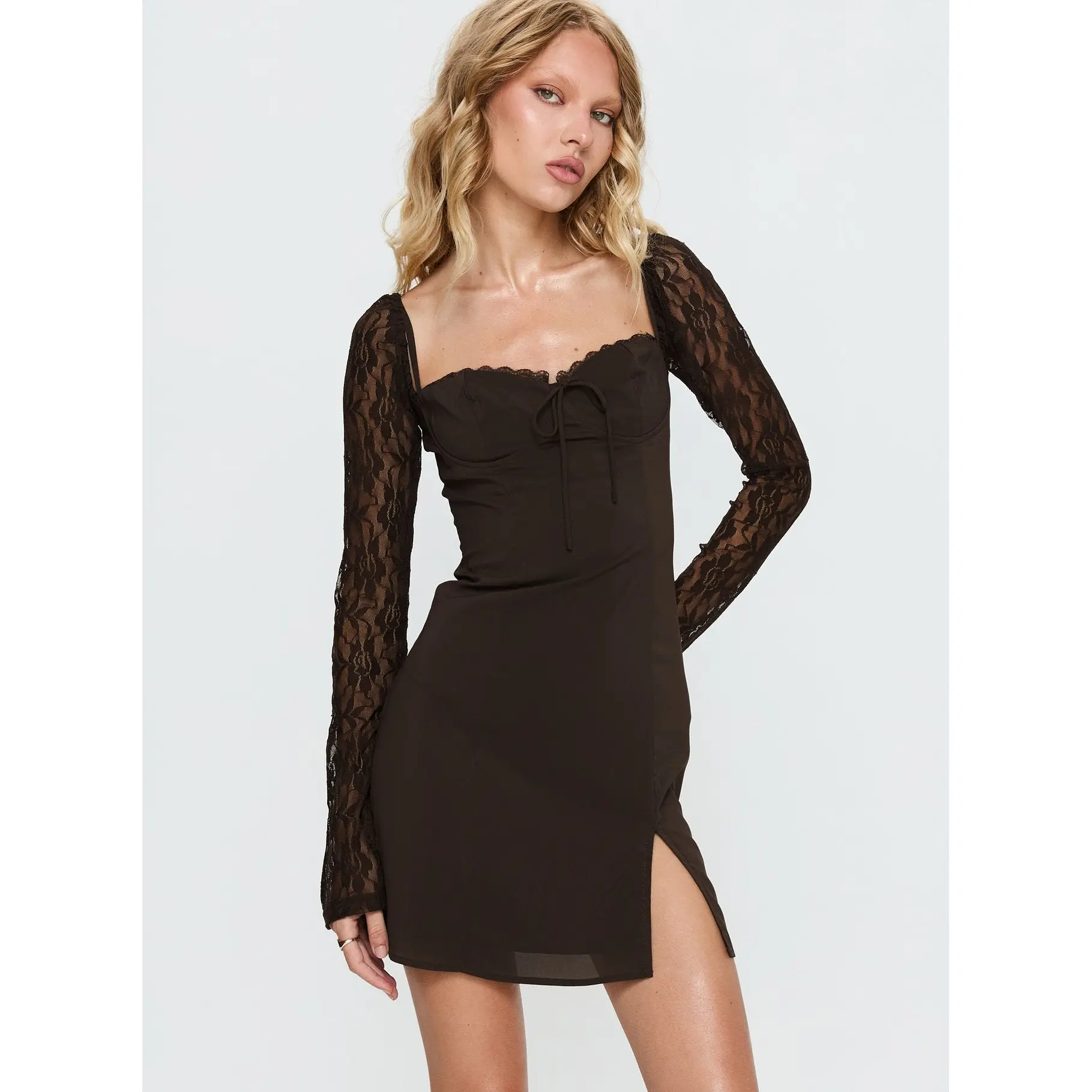 Ashwood Lace Sleeve Mini Dress Chocolate - TikTok Shop