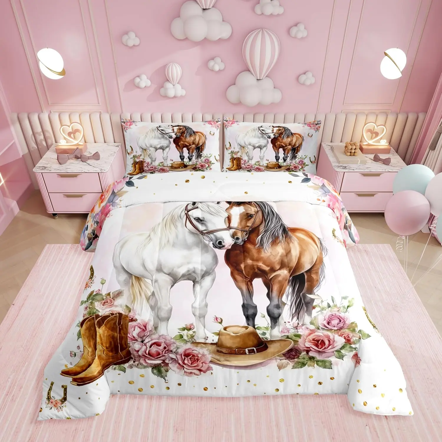 Feelyou Western Horse Bedding Set - Cowgirl Boot Hat Comforter for Girls, Wild West Horseshoe Design with Wild West Charm, Rustic Country Floral Quilt, Breathable Soft Blanket, Animal Blankets, Cow Pattern Blanket
