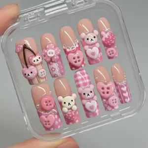 Kawaii Teddy Bear Press On Nails, Cute Pink Heart and Button 3D Nail Art, Gingham Plaid Strawberry Nails, Sweet Girly Handmade Fake Nail Set
