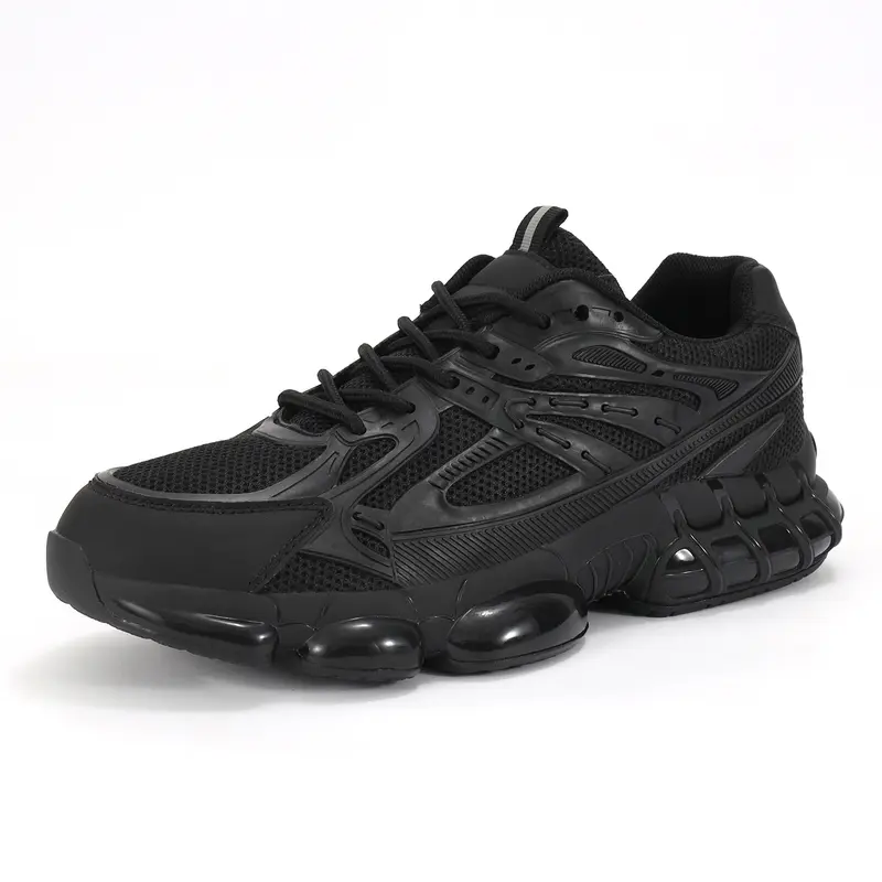 All Black Chunky Sneakers - Retro Tech-Style Cushioned Athletic Shoes, Unisex Streetwear Essential with Breathable Mesh & Bold Design