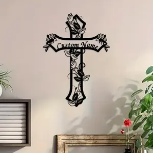 Personalized Custom Name Flower Metal Cross Wall Decor, Religious Home Decor, Unique Memorial Tribute with Rose Design, Home Decoration Gift Idea