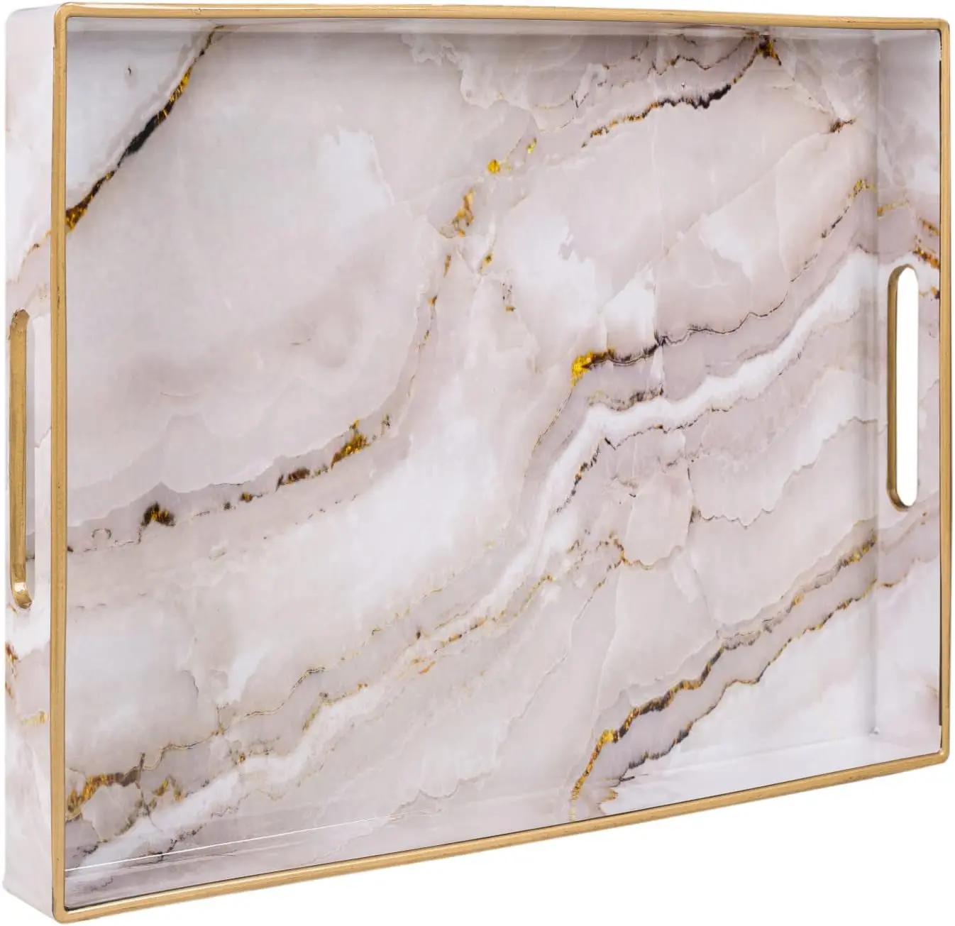 Marbled Decorative Serving Tray with Handles, 15.7 x 11.8 in, White