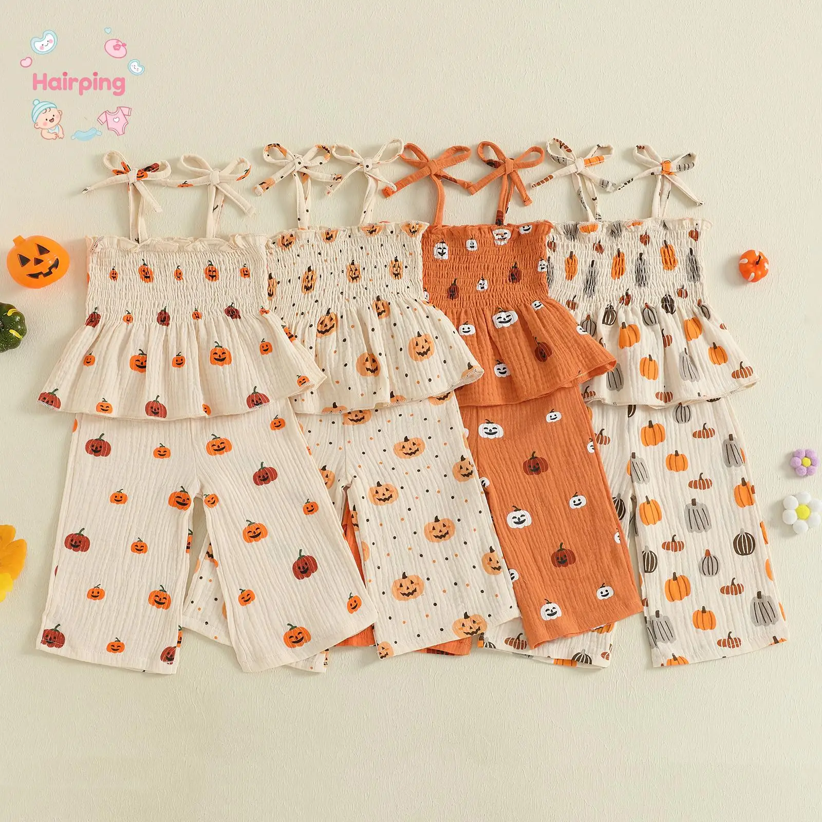 Toddler Little Girl Halloween Outfit, Pumpkin Smocked Tie-up Spaghetti Strap Babydoll Tops Wide Leg Pants, 2 Piece Set