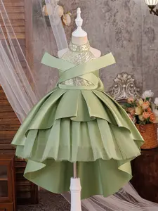 Kids Clothes Flower Girl Sequins Patchwork Mesh Bow Ball Gown Pageant Children Elegant Performance Princess Prom Host Formal Evening Party Cocktail Dress for all Season 4 to 8 Years