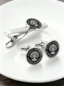 Men's Tie Clip and Cufflinks Set, Elegant Tree Print, Perfect for Suits and Shirts, Ideal for Father's Day, Weddings, Daily Gifts
