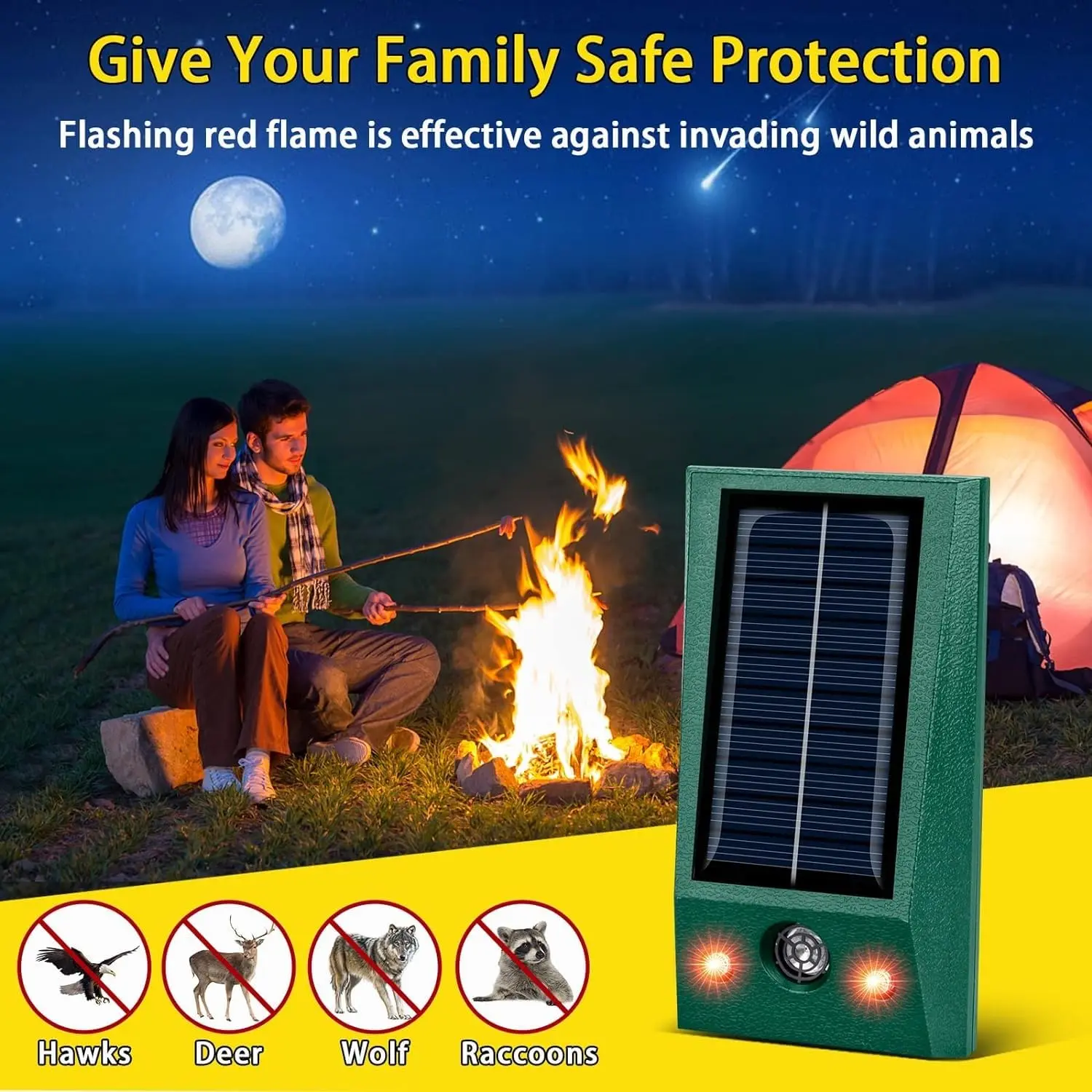 Solar Animal Repellent with 2-Mode Variable-Frequency Ultrasonic & LED Flash Light, Day-Night Protection for Yard & Garden, Residential Pest Control for Raccoon, Deer, Wolf, Hawks & Rodents