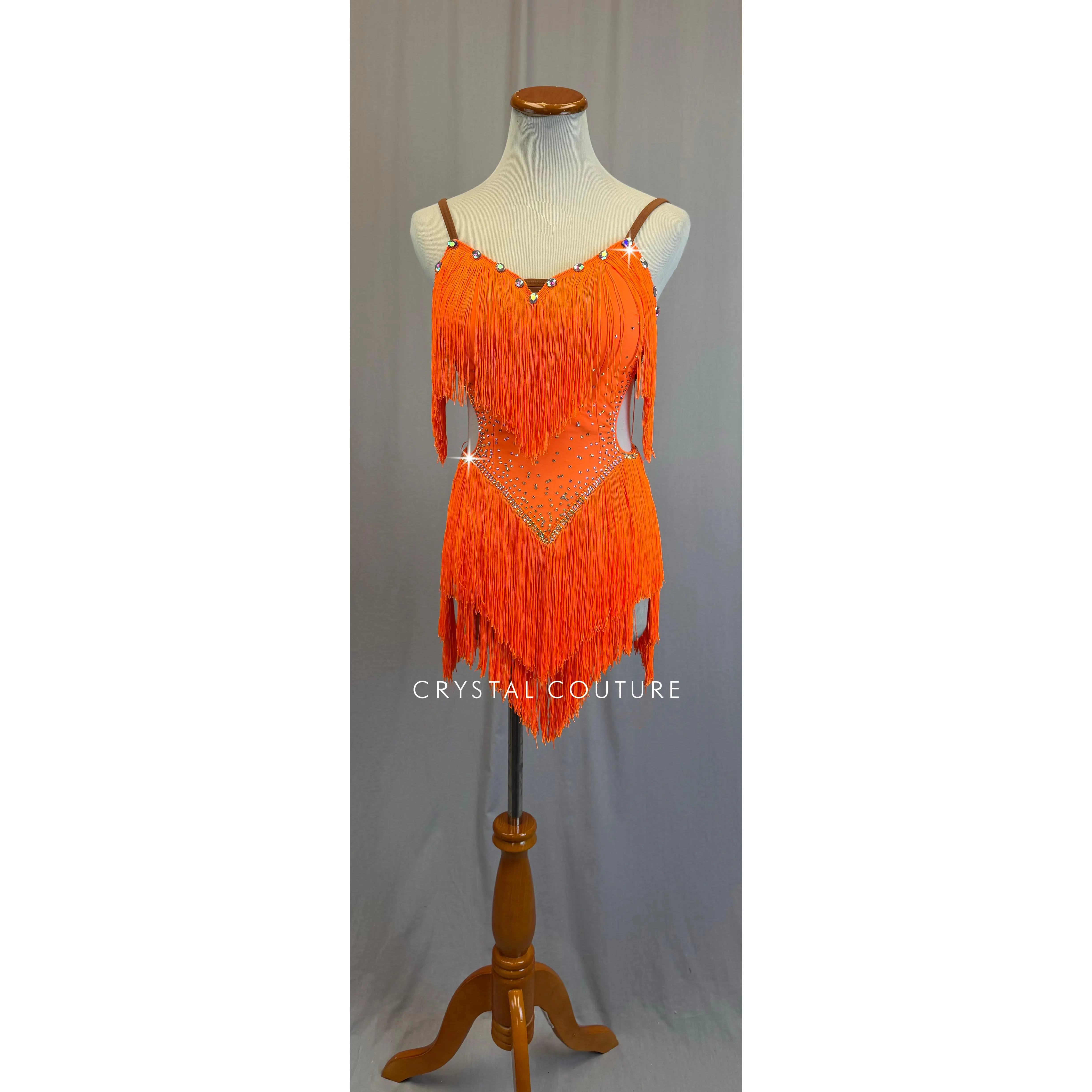 Neon Orange Fringe Ballroom Leotard -Rhinestones