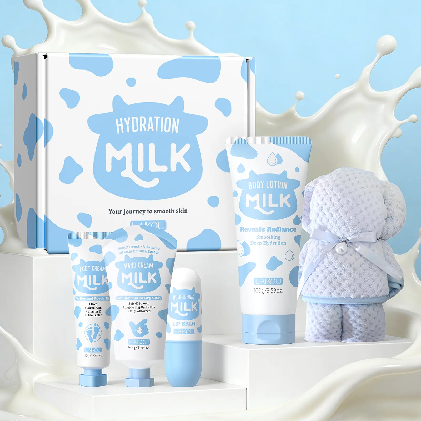 LAIKOU Milk Moisturizing Set,Body Lotion, Foot Cream, Hand Cream & Lip Balm, Deep Moisturizing,Non-Greasy Nourishing Skincare for Smooth Healthy Skin