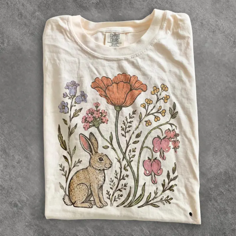 Comfort Colors Vintage Wildflower Bunny Shirt, Retro Botanical Rabbit Graphic Tee, Cottagecore Woodland T-Shirt, Nature Inspired Floral Top, Rustic Forest Aesthetic Gift, Gift For Her For Him
