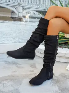 Autumn and winter suede flat pleated boots for women, side zipper knee high boots, comfortable all day wear, suede fashion boots, Winter Boot Shoes
