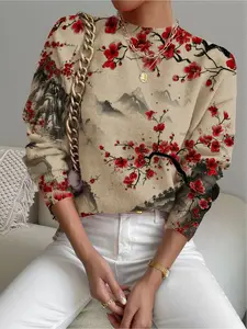 Women's Ink Landscape Print Stand Collar Sweater, Fall Winter Casual Long Sleeve Knitwear, Comfortable Warm Daily Wear