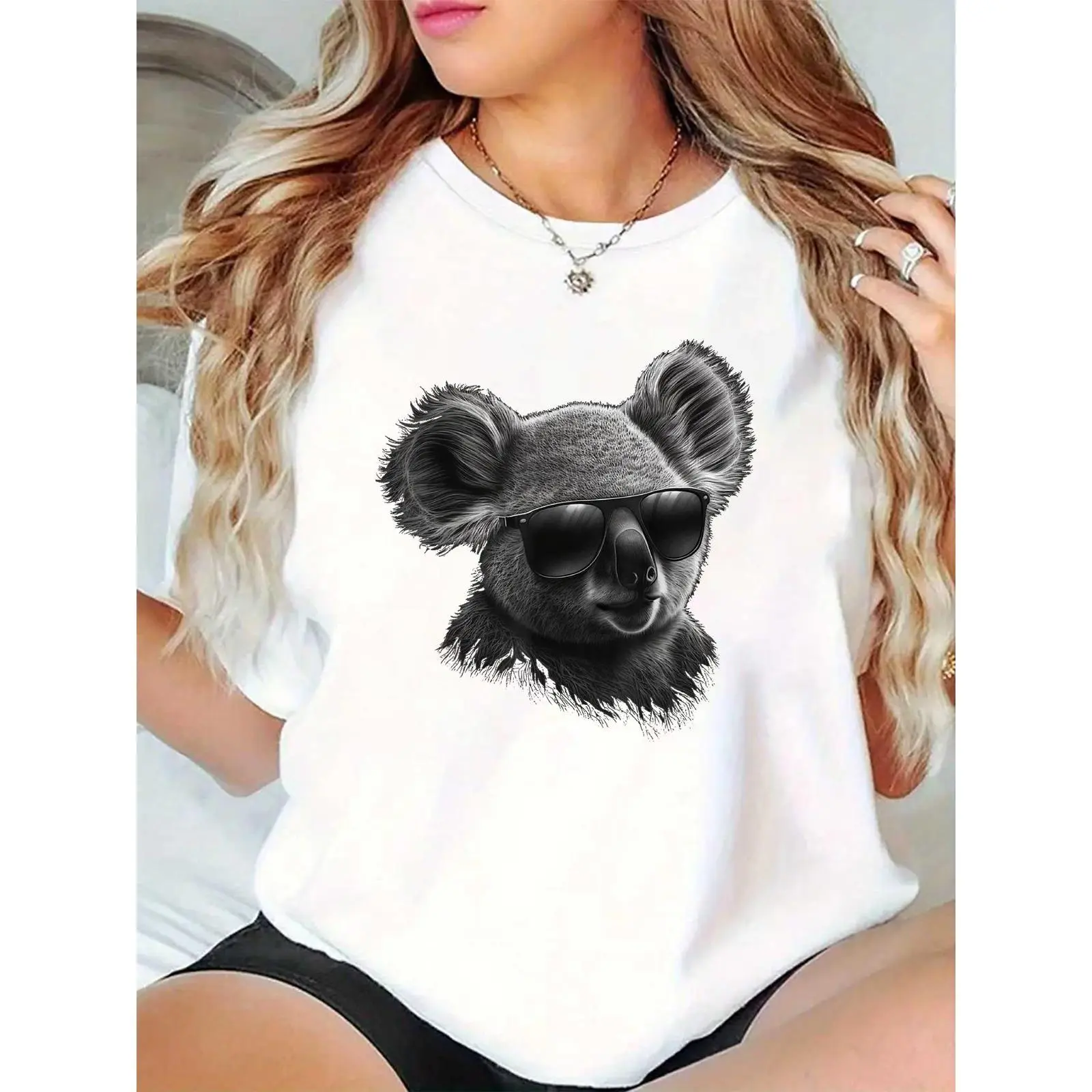 Women's 100% Cotton Short-Sleeve Lightweight Breathable Tshirt - White Cool Koala in Sunglasses, Casual Summer Top for Beach, Daily Wear, Fit, Crew Neck, Graphic Print