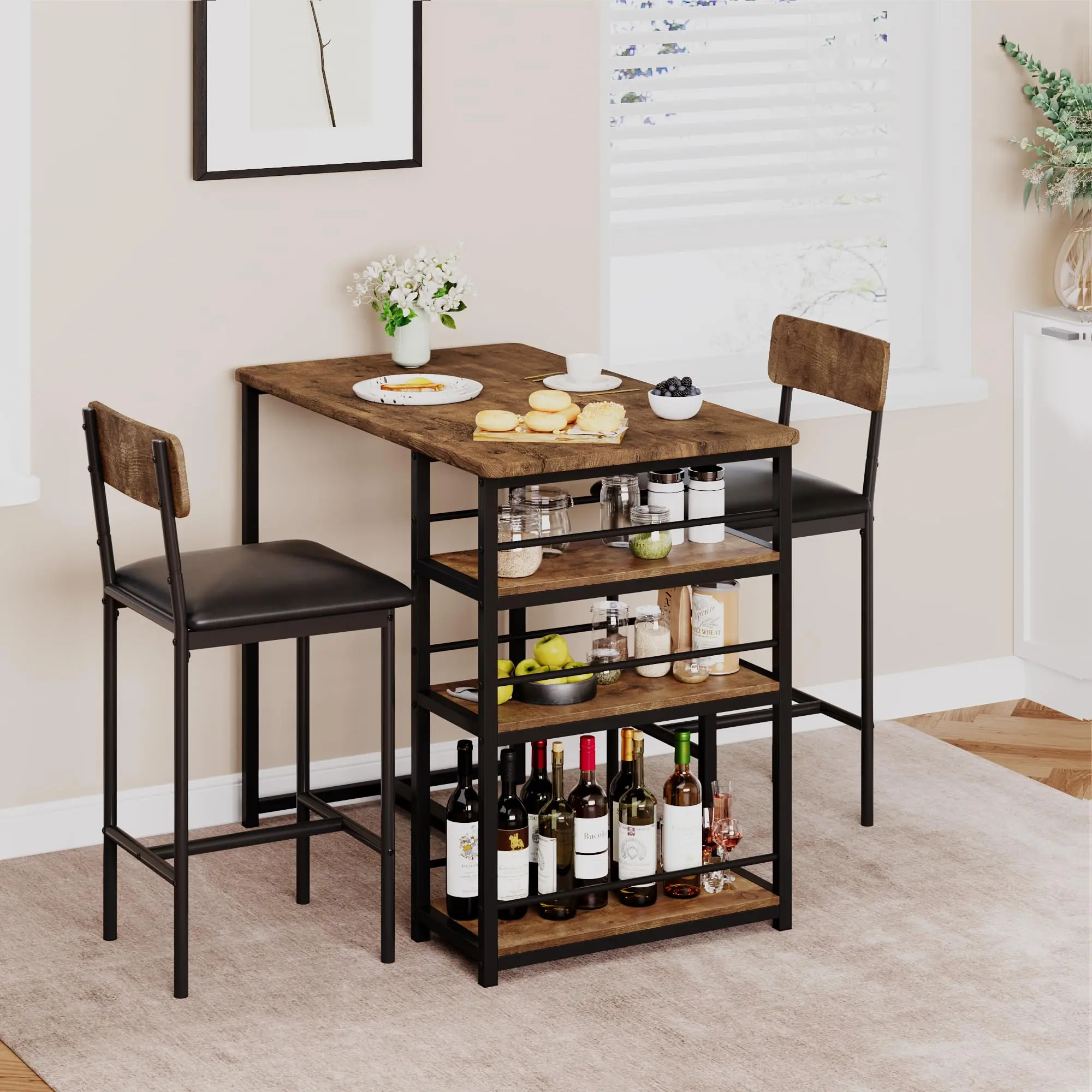 Garvee 3-Piece Durable Rustic Brown Metal Counter Height Bar Kitchen Furniture Set - Dining Table, 2 Upholstered Bar Chairs, 3 Storage Shelves, MDF Board - Ideal for Small Spaces, Apartments (for 2), 3-Piece Set