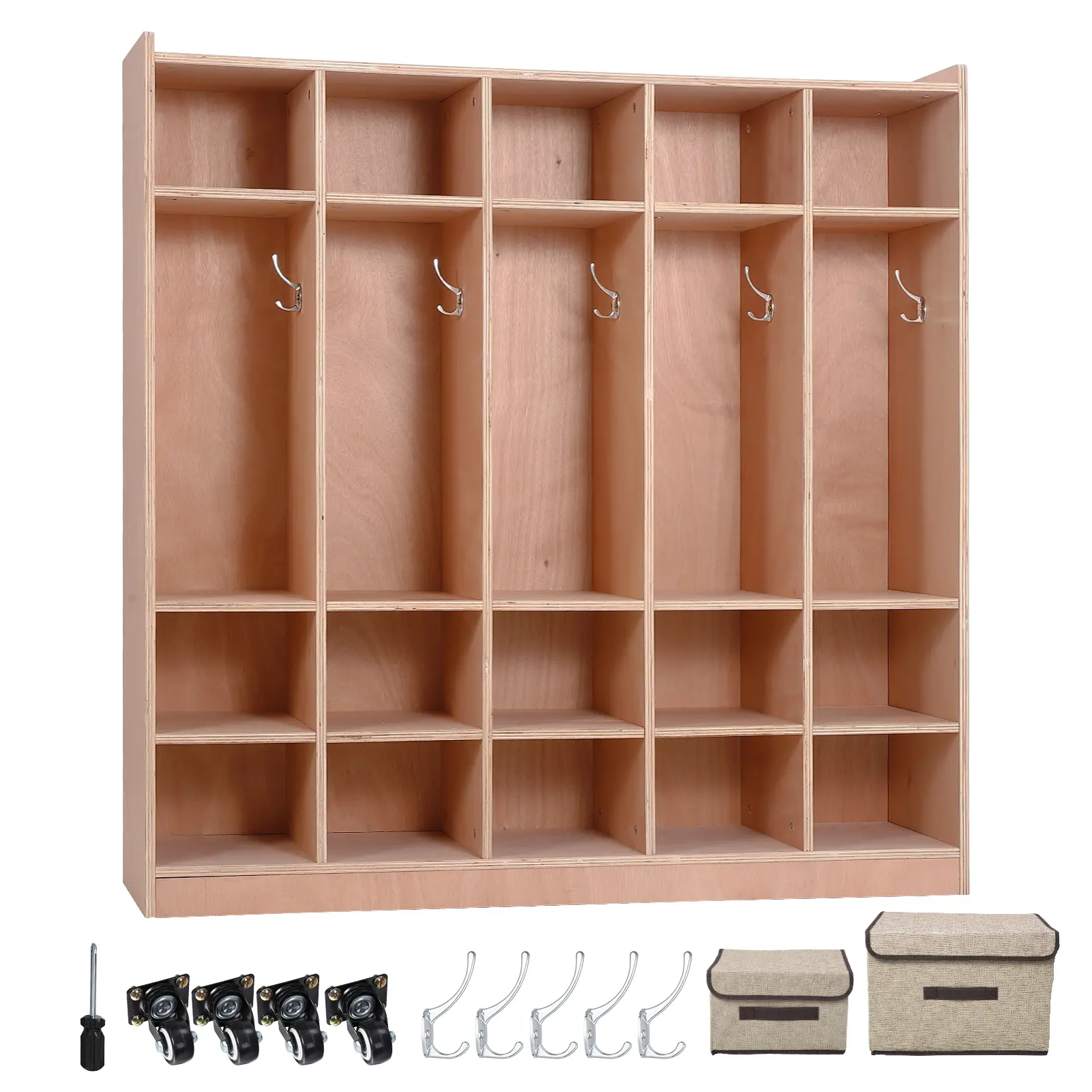 Finished 5-Section Kids Coat Locker, Smooth Wood Surface with 10 Classroom Cubbies, 2 Anti-tip Kits, 4 Casters & 2 Storage Boxes for Kindergarten, Daycare or Home Use,Multiple Sizes