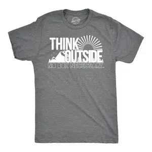 Mens Think Outside Funny No Box Necessary Hiking Camping Vintage Graphic T shirt Mens Funny T Shirts Cool Vintage Fashion T-Shirt Gift Classic Menswear Funny Camping Short Sleeve Novelty Tees for Guys Dark Grey