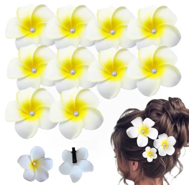 2” & 2.75” Elegant White Plumeria & Pearl Foam Hair Clips