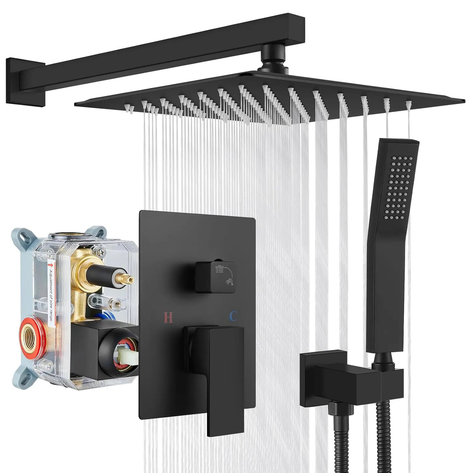 Rainfall Bathroom Shower System Rain Shower Head and Handle Set Wall Mounted Shower Complete Combo Solid Brass Pressure Balancing Shower Mixer Valve 12 Inch Matte Black