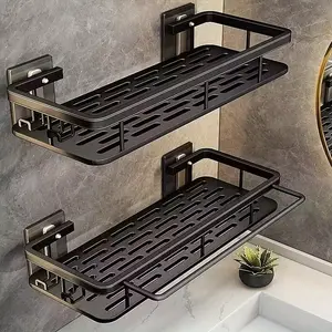 Wall-Mounted Storage Rack Set with 2 Hooks, Heavy-Duty Plastic No-Drill Adhesive/bolt Installation, Space-Saving Bathroom & Kitchen Organizer