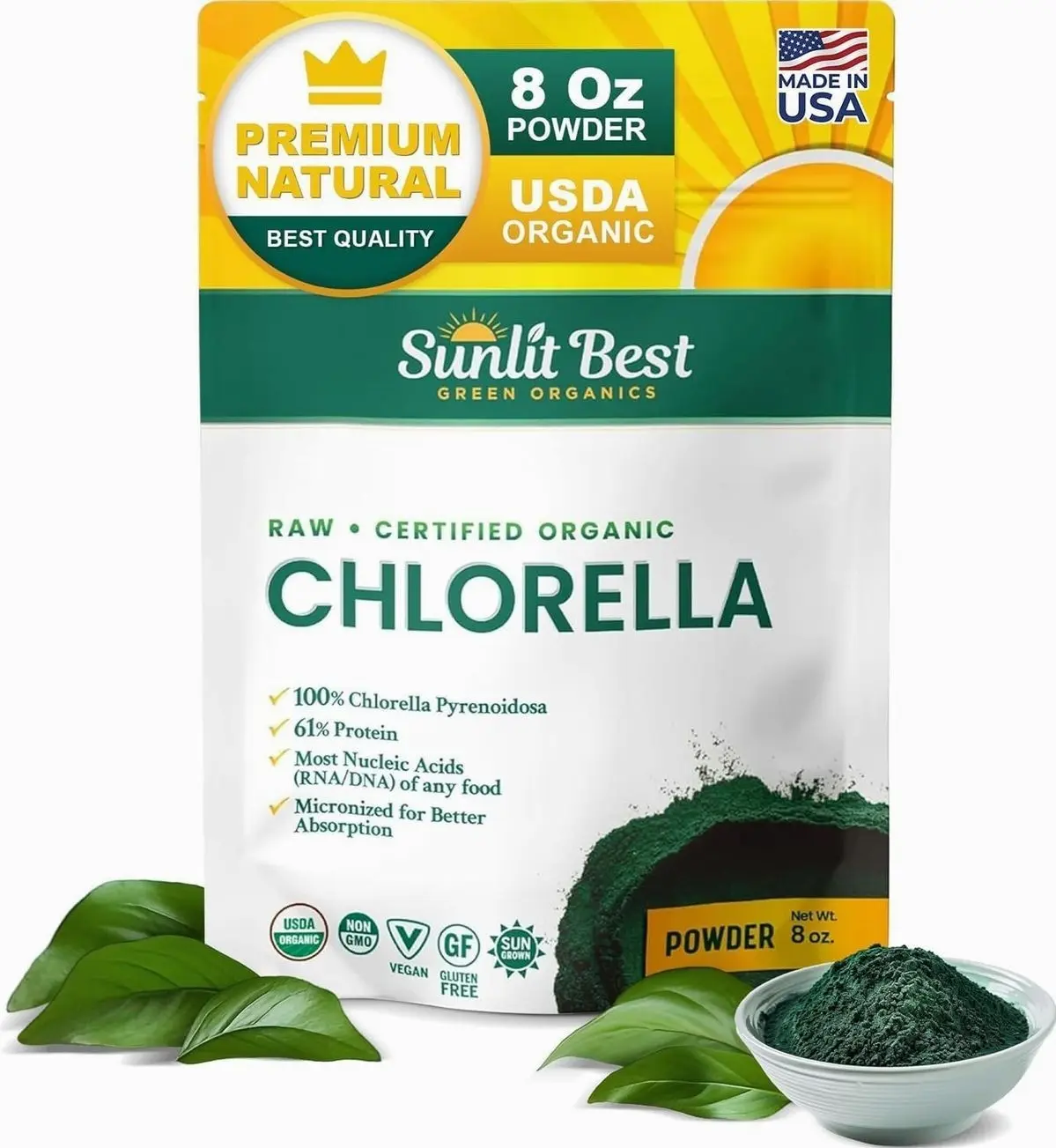 Sunlit Best Chlorella Powder Organic USDA, Green Algae Chlorella Powder, Broken Cell Wall Chlorellas, Raw Vegan Protein Chlorophyll - Non GMO, Gluten Free Superfood, Immune Support Supplement, 8 oz