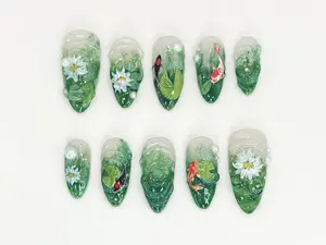 Nature Koi Fish Press On Nails | Realistic Pond & Fish Nail Design | Natural Landscape Nail Art | Custom Hand-Painted Green Nails Satamiis