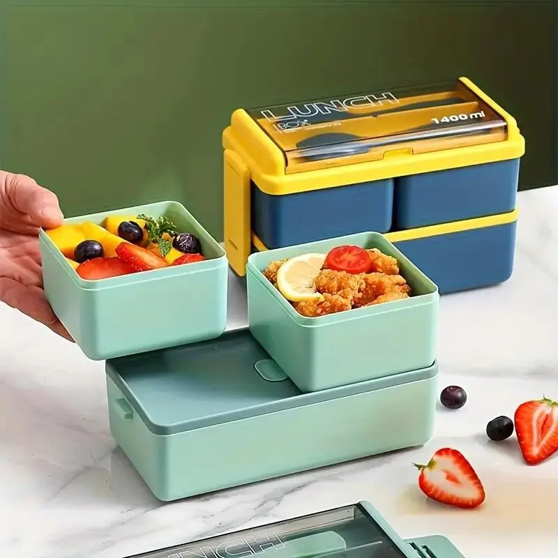 Portable Double-Layer Bento Box with Cutlery & Lid, Reusable Food Storage for Students, Travelers, Office Workers, 7.6x3.7x4.9 Inch