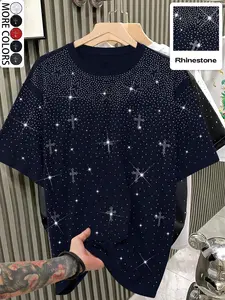 Unisex Rhinestone Cross Graphic Pattern Fitted T-Shirt, Street Glam Style, Sparkling Fashion Design, Casual Daily Everyday Wear, Night Out Clothing