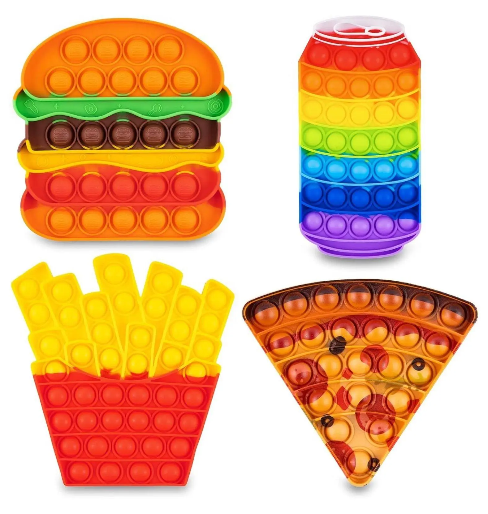 Food Theme Silicone Pop Its Fidget Toys 4-Pack - Unisex Stress Relief Sensory Toys for Kids with Autism ADHD, Including French Fry, Pizza, Hamburger, Popcorn Poppers