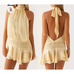 Women Mini Halter Neck Dress Pleated Sleeveless Open Back A-line Layered Ruffle Short Dress