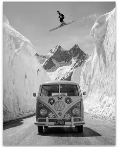 Peace Love and Powder 11x14 Unframed Ski Poster – Vintage Ski Jump Wall Art, Retro VW Van Winter Decor, Classic Black and White Skiing Photo for Cabin, Lodge, Ski Resort, or Gift for Snow Sports Fans