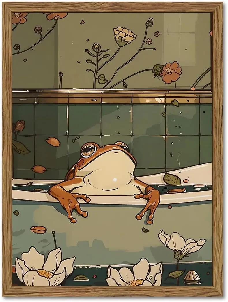 Home Decor Spirit Funny Japanese Frog Bathroom Wall Art Whimsical Frog in Bathtub Wall Decor Painting Cute Animal Bathroom Poster Canvas Print Picture 12x18 inch UNFRAMED