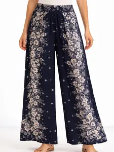 Women's Navy Floral Wide Leg Pants – Flowy Full-Length Boho Trousers